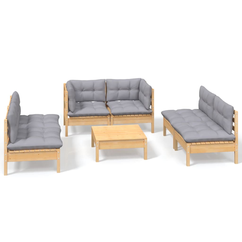 Salon de jardin 7 pcs avec coussins gris bois de pin massif