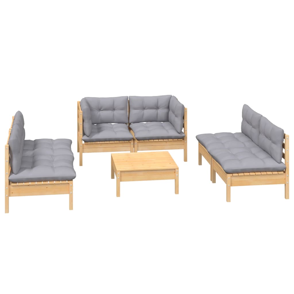 Salon de jardin 7 pcs avec coussins gris bois de pin massif