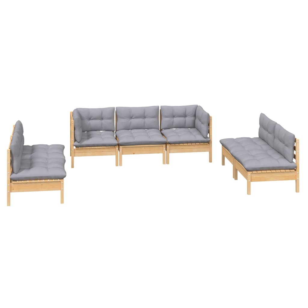 Salon de jardin 7 pcs avec coussins gris bois de pin massif