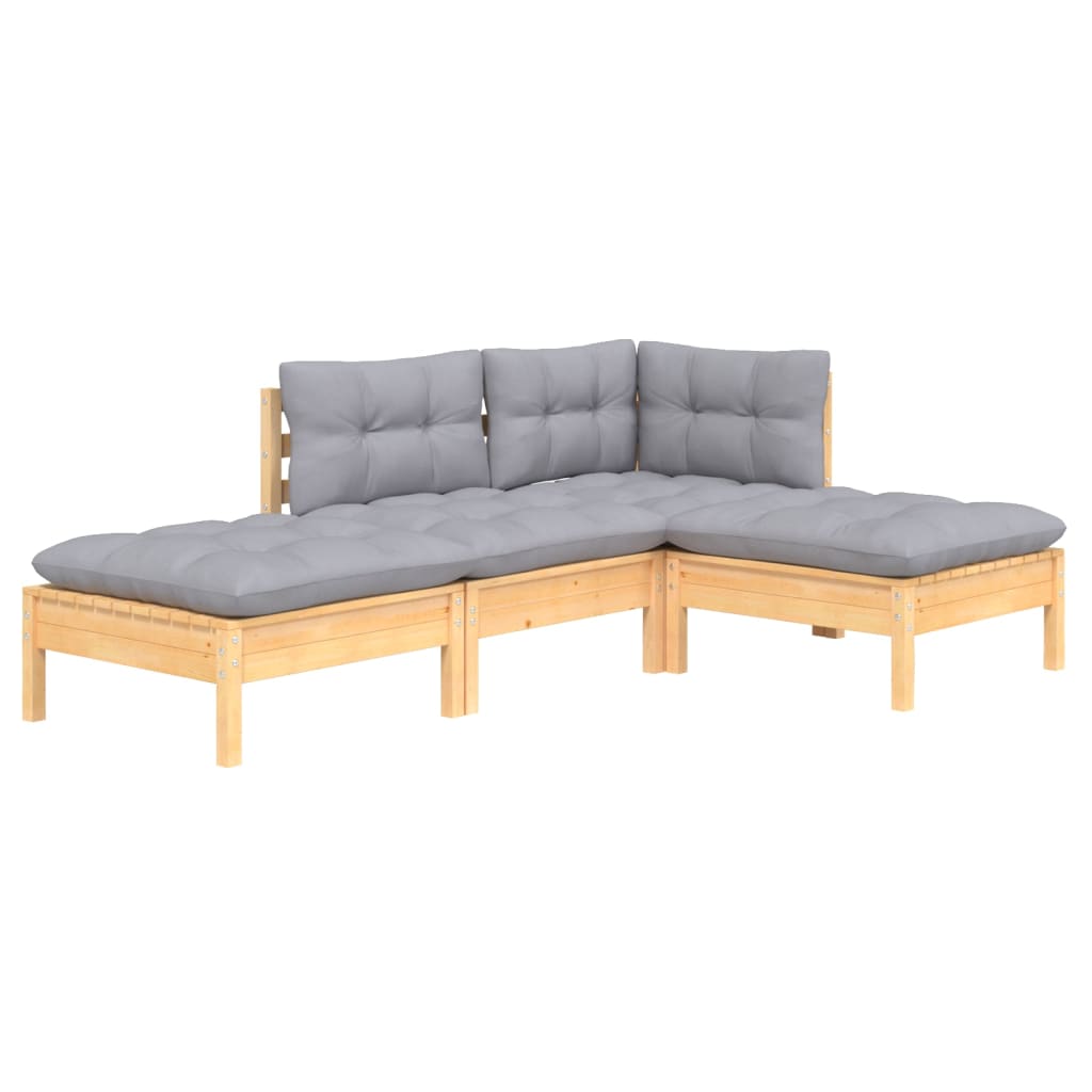 Salon de jardin 4 pcs avec coussins gris Bois de pin massif
