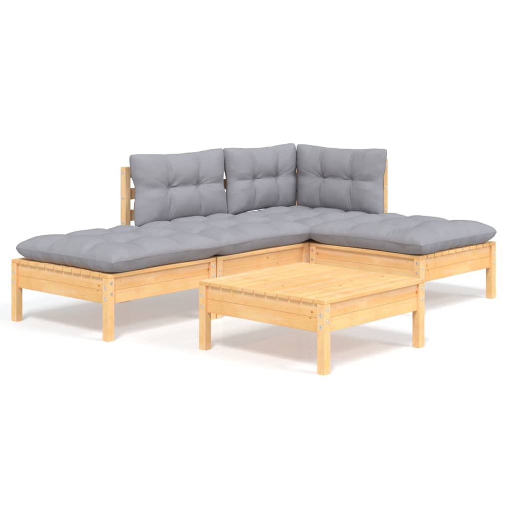 Salon de jardin 5 pcs avec coussins gris bois de pin