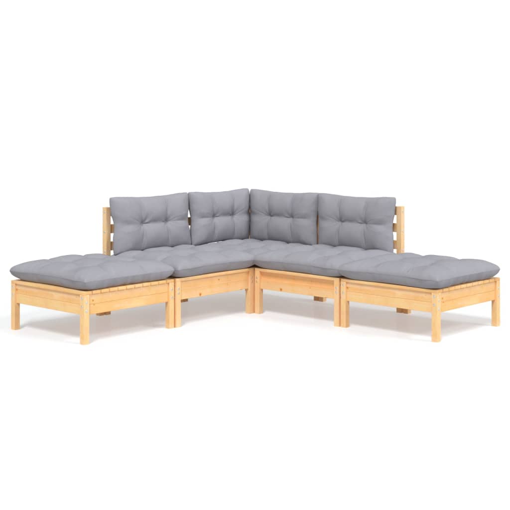 Salon de jardin 5 pcs avec coussins gris bois de pin
