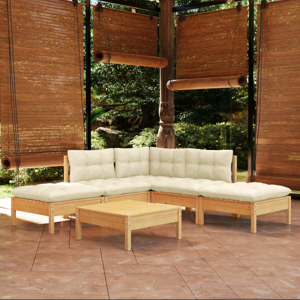 Salon de jardin 6 pcs avec coussins crème bois de pin