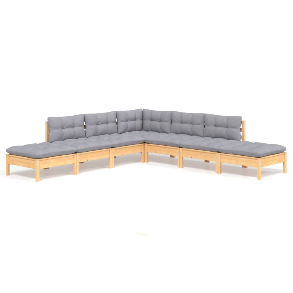 Salon de jardin 7 pcs avec coussins gris bois de pin
