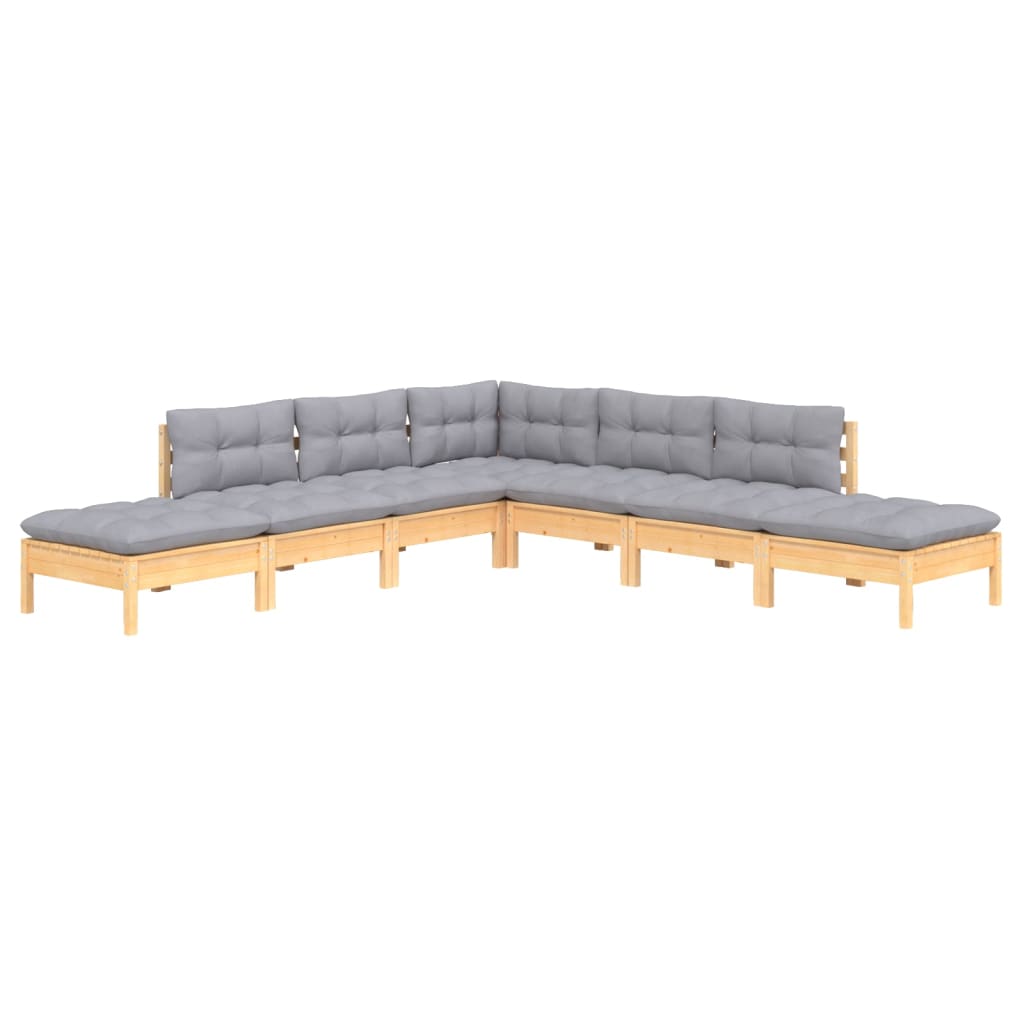 Salon de jardin 7 pcs avec coussins gris bois de pin