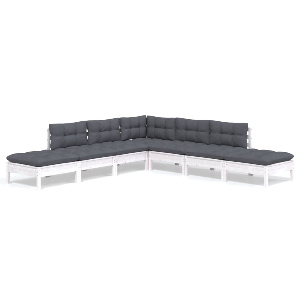 Salon de jardin 7 pcs avec coussins blanc bois de pin