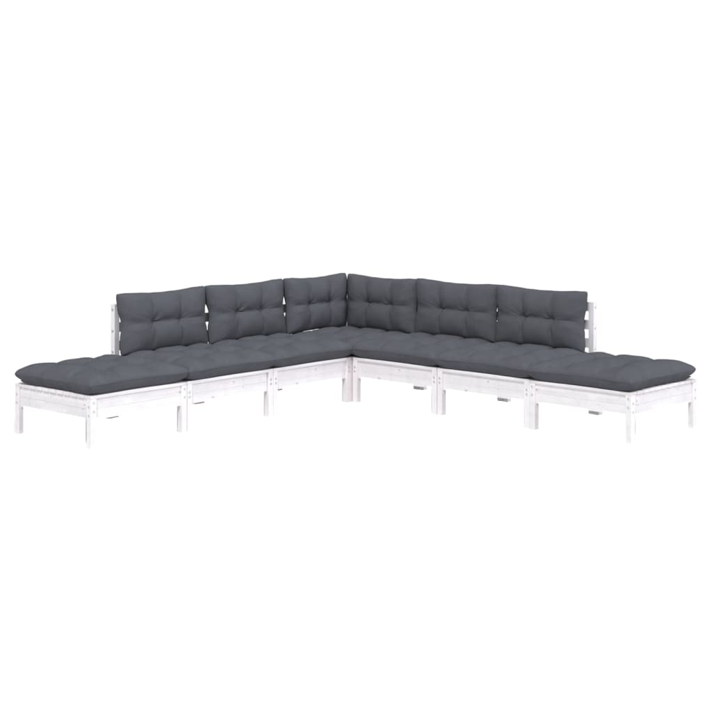 Salon de jardin 7 pcs avec coussins blanc bois de pin