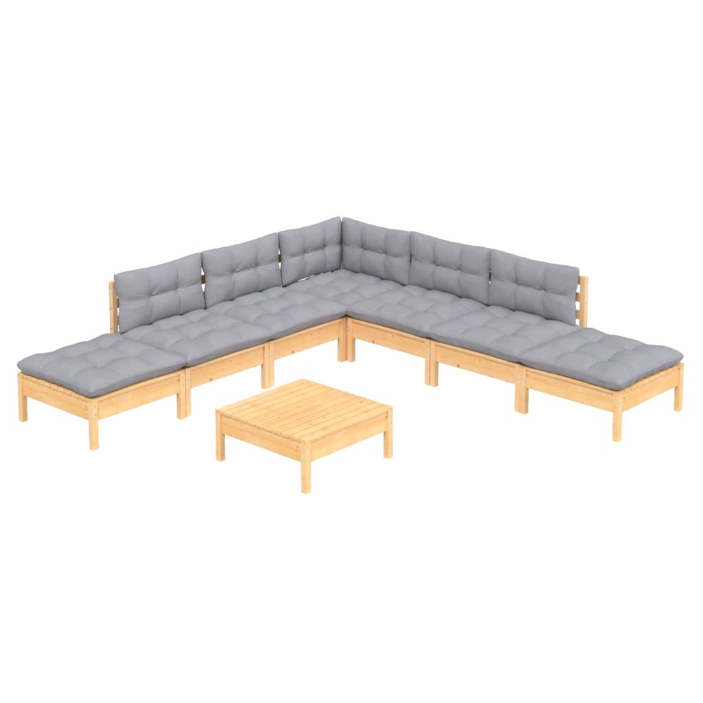Salon de jardin 8 pcs avec coussins gris Bois de pin