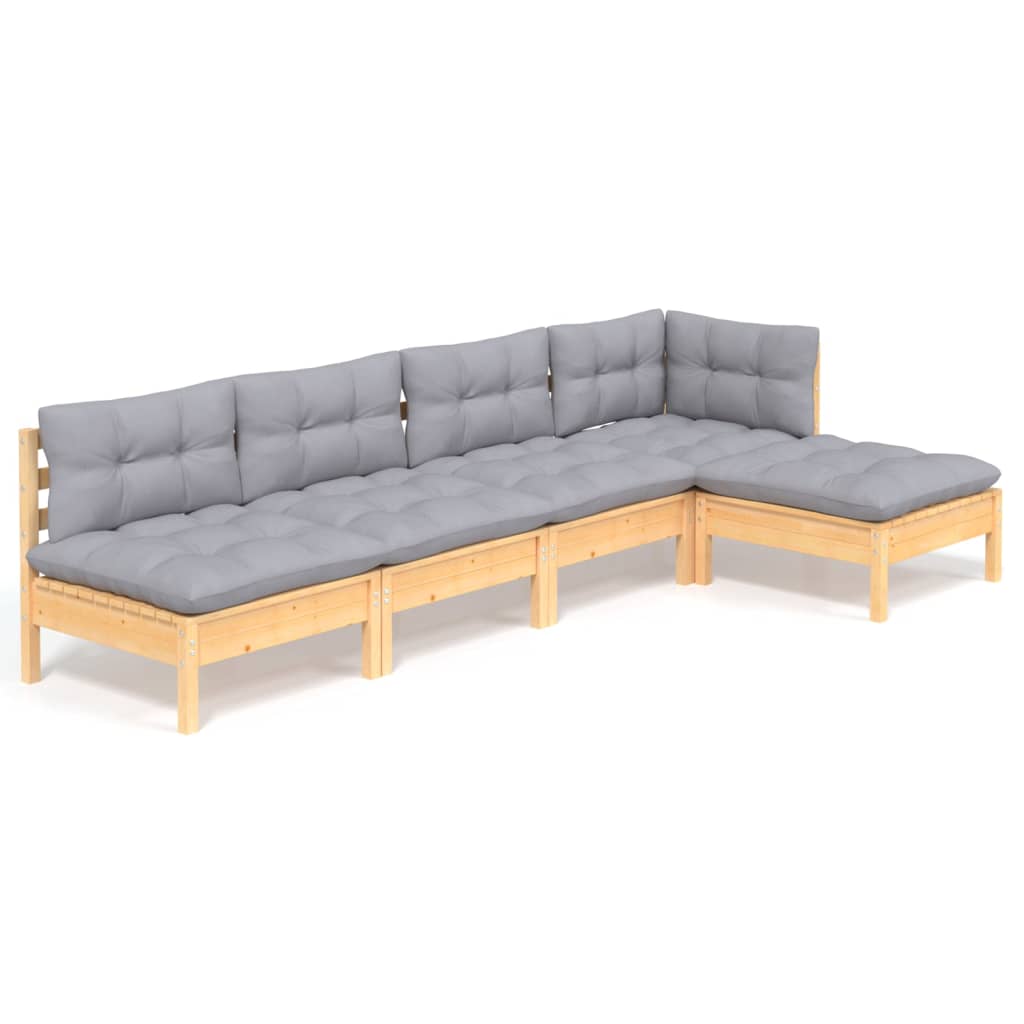 Salon de jardin 5 pcs avec coussins gris bois de pin