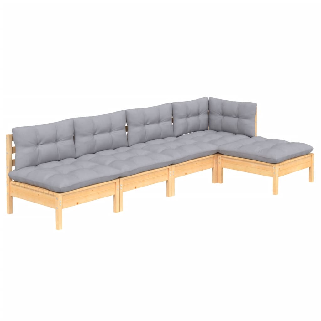 Salon de jardin 5 pcs avec coussins gris bois de pin