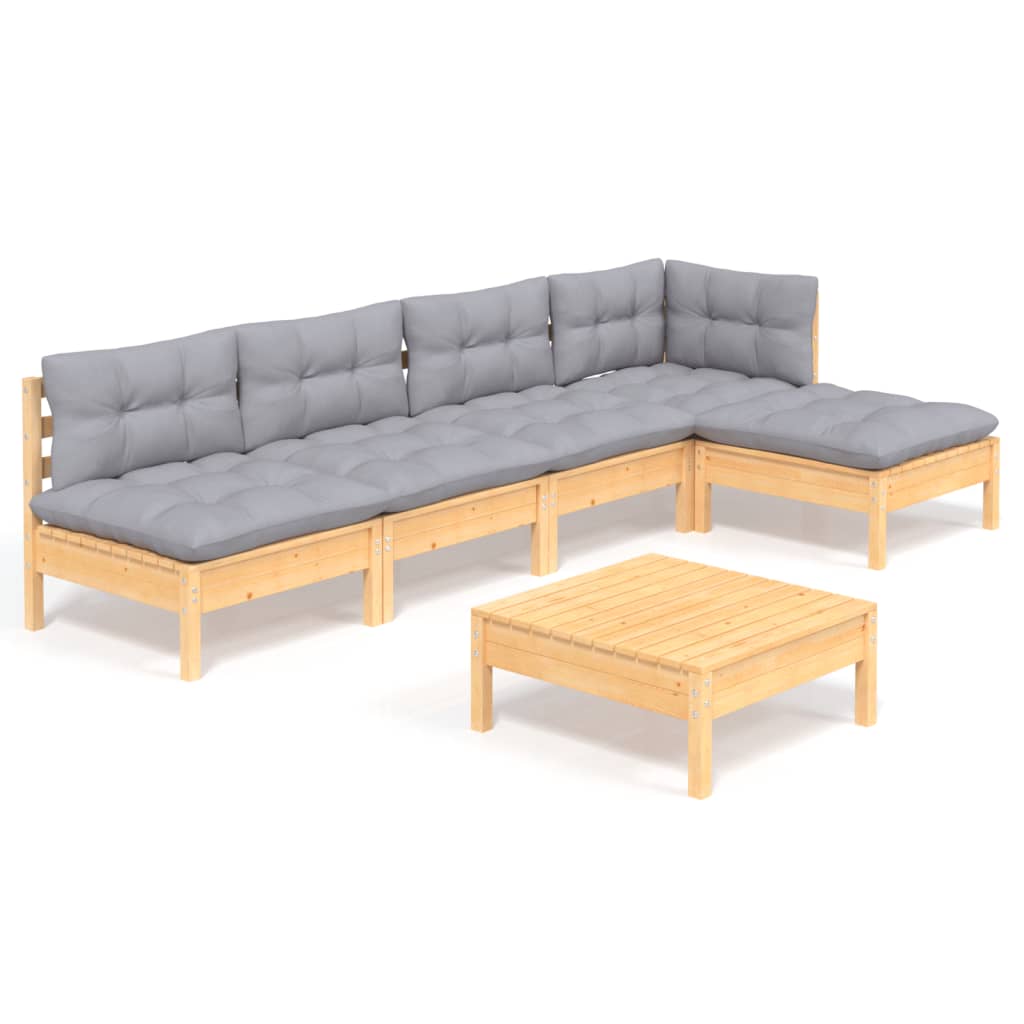 Salon de jardin 6 pcs avec coussins gris bois de pin