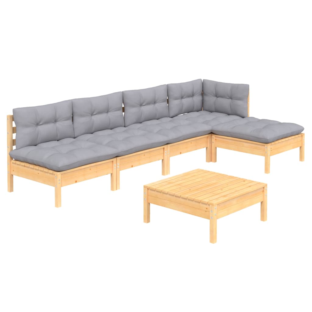 Salon de jardin 6 pcs avec coussins gris bois de pin