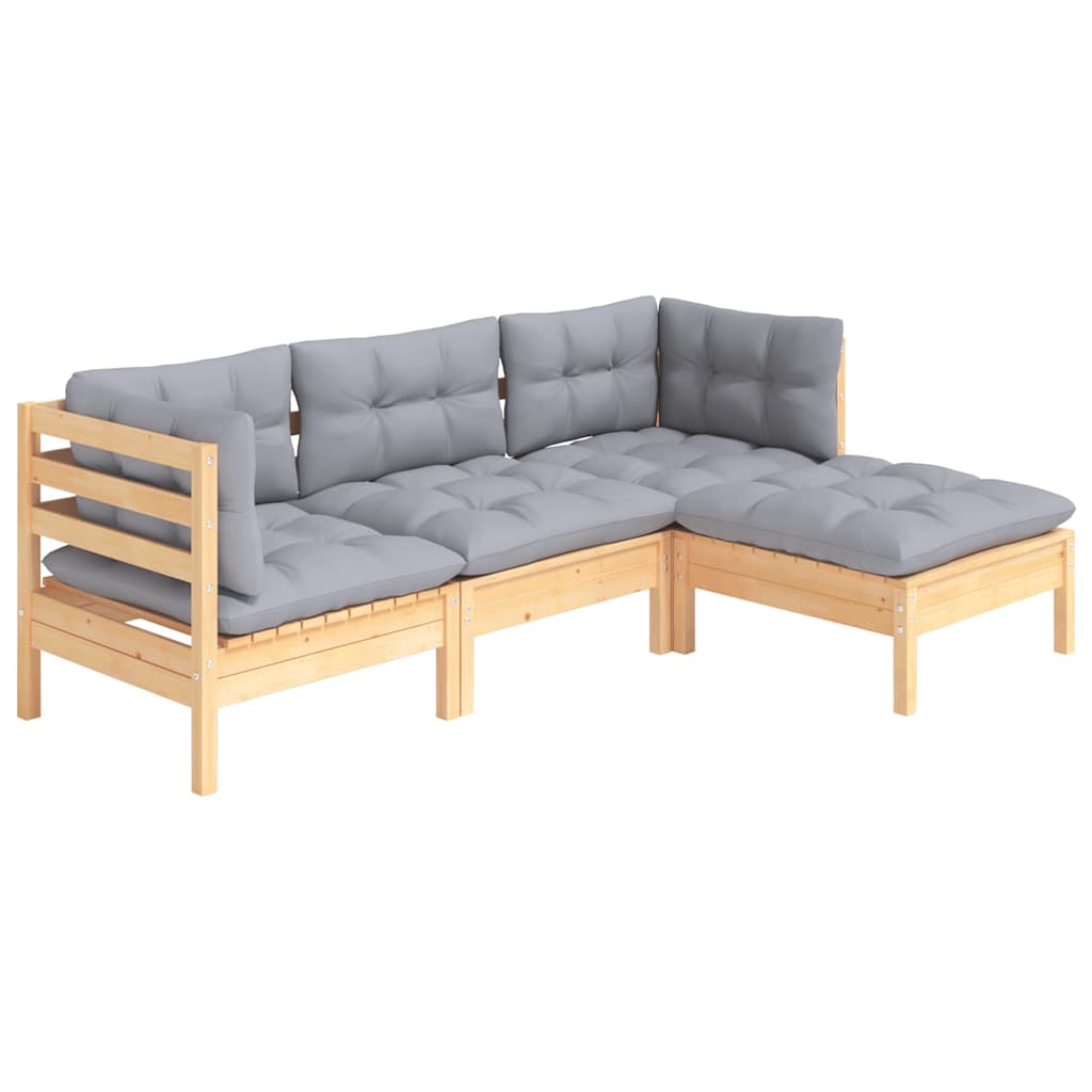 Salon de jardin 4 pcs avec coussins gris Bois de pin