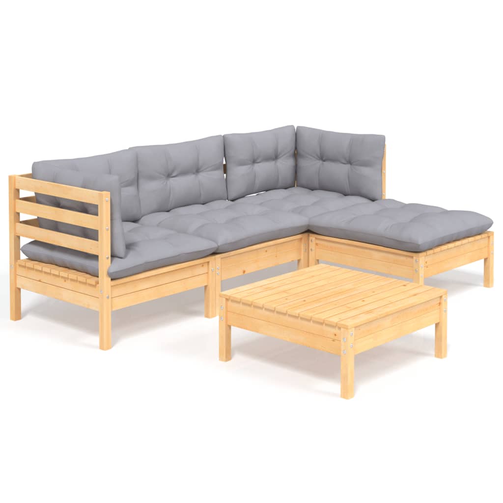 Salon de jardin 5 pcs avec coussins gris bois de pin