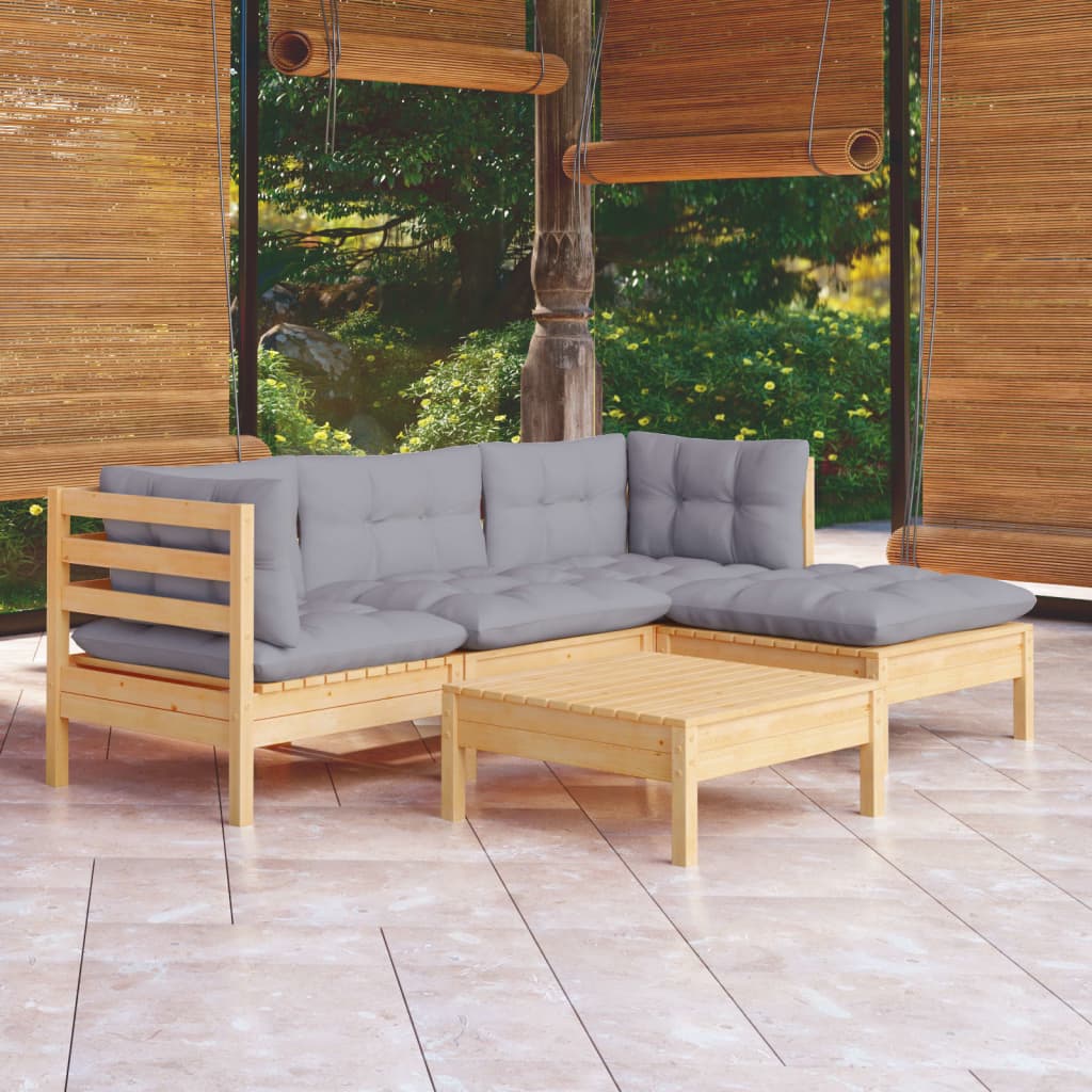 Salon de jardin 5 pcs avec coussins gris bois de pin