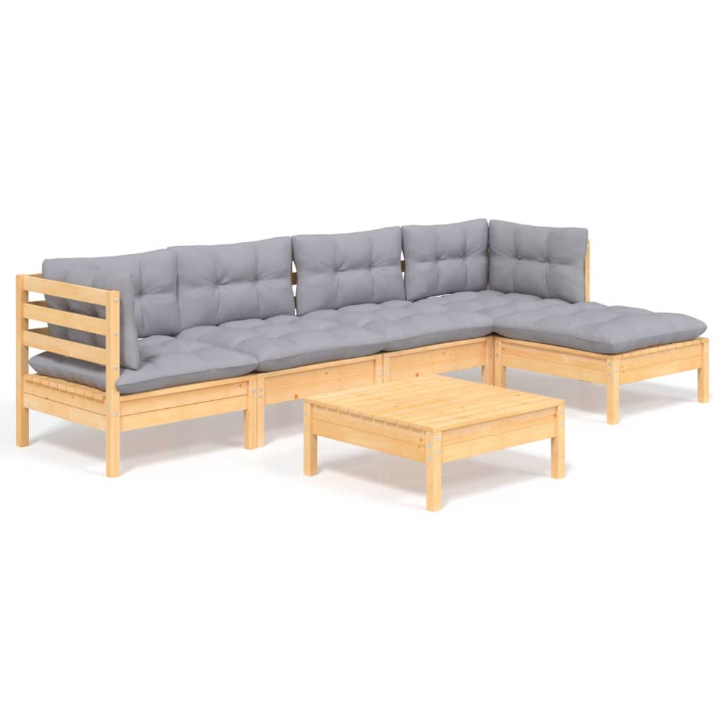 Salon de jardin 6 pcs avec coussins gris bois de pin