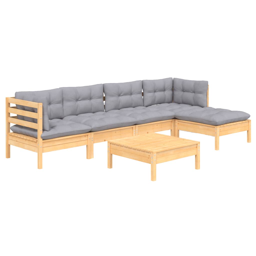 Salon de jardin 6 pcs avec coussins gris bois de pin