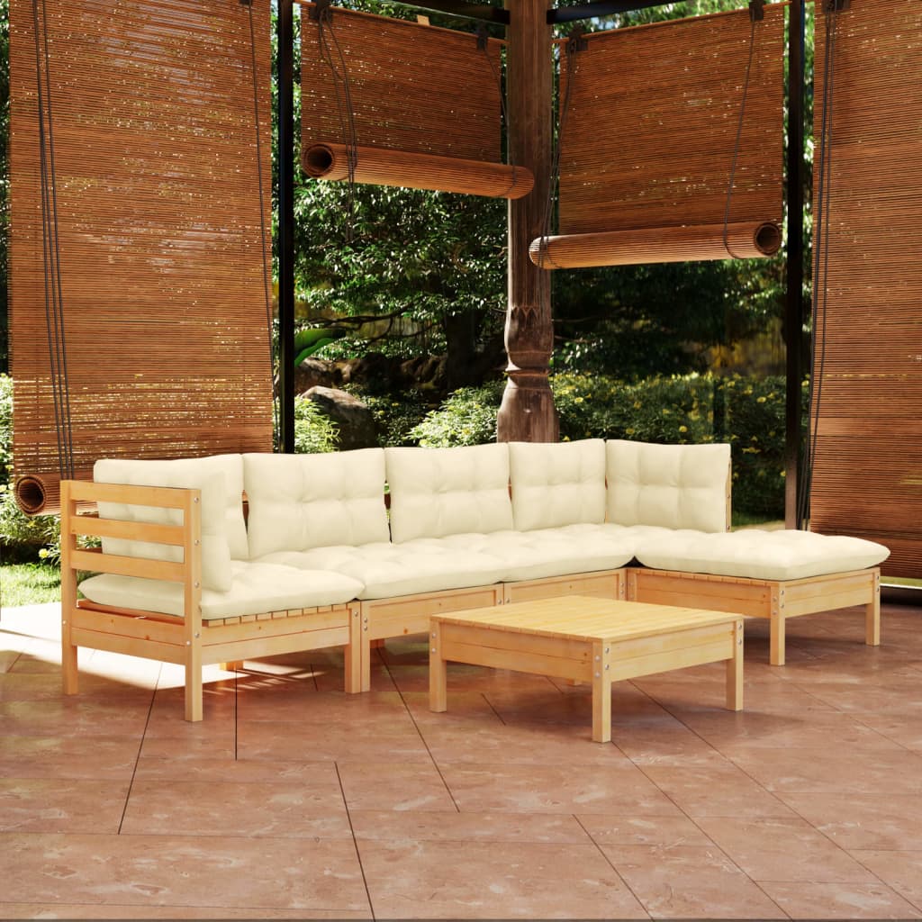 Salon de jardin 6 pcs avec coussins crème bois de pin