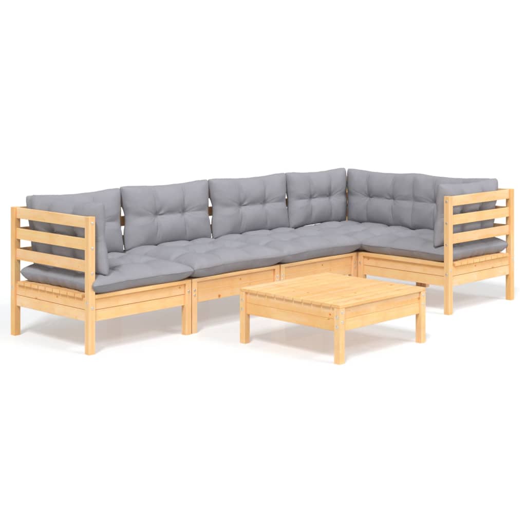 Salon de jardin 6 pcs avec coussins gris bois de pin