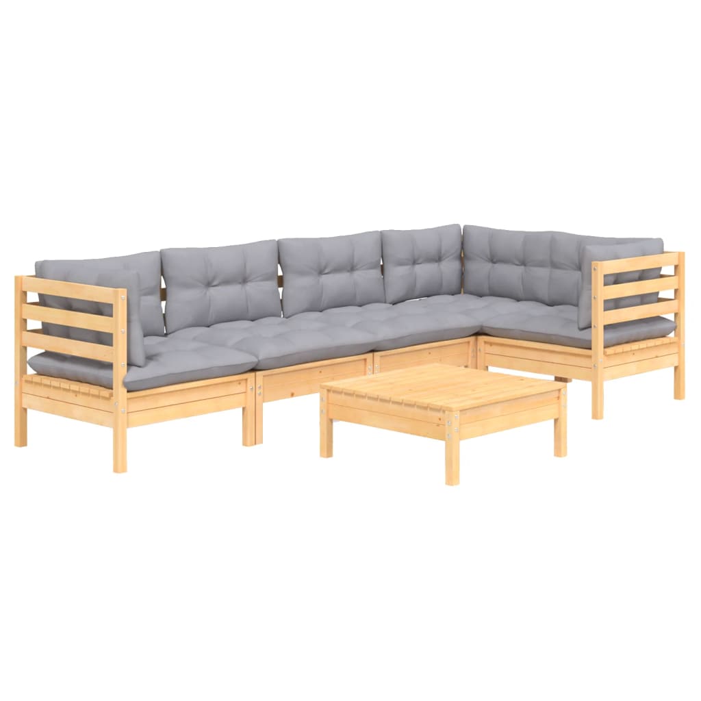 Salon de jardin 6 pcs avec coussins gris bois de pin