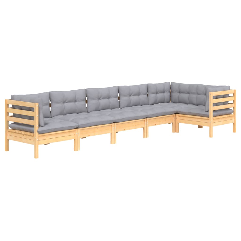 Salon de jardin 6 pcs avec coussins gris bois de pin
