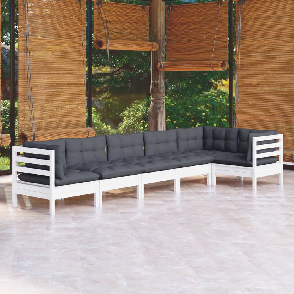 Salon de jardin 6 pcs avec coussins blanc bois de pin
