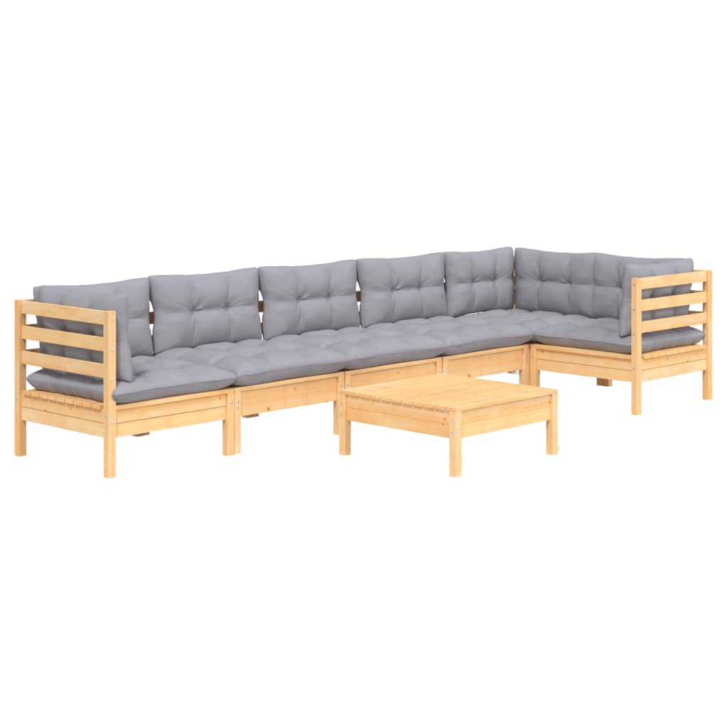 Salon de jardin 7 pcs avec coussins gris bois de pin