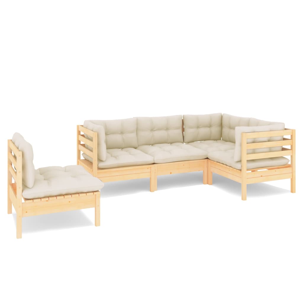 Salon de jardin 5 pcs avec coussins crème bois de pin