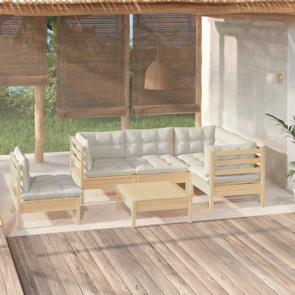 Salon de jardin 6 pcs avec coussins crème bois de pin
