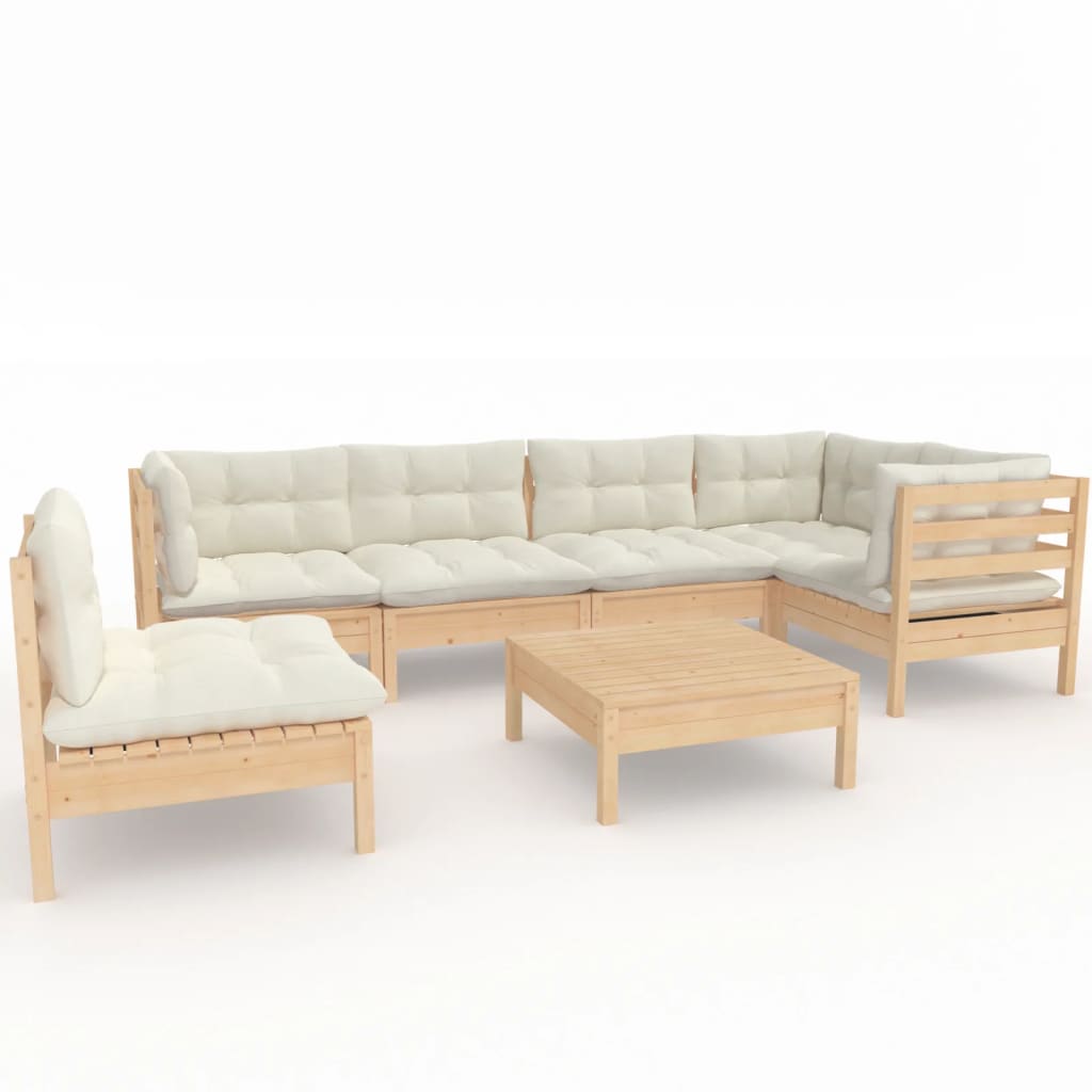 Salon de jardin 7 pcs avec coussins crème bois de pin