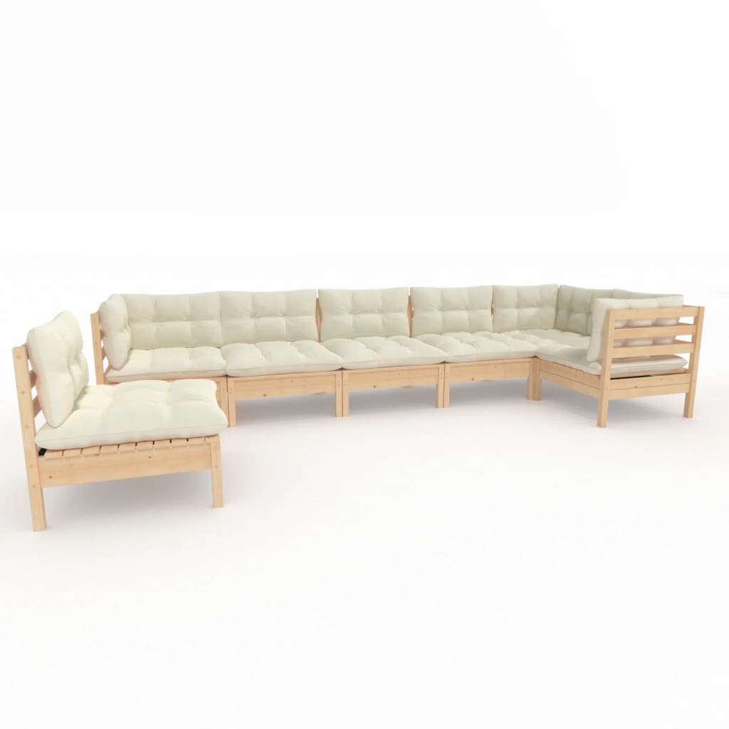 Salon de jardin 7 pcs avec coussins crème bois de pin