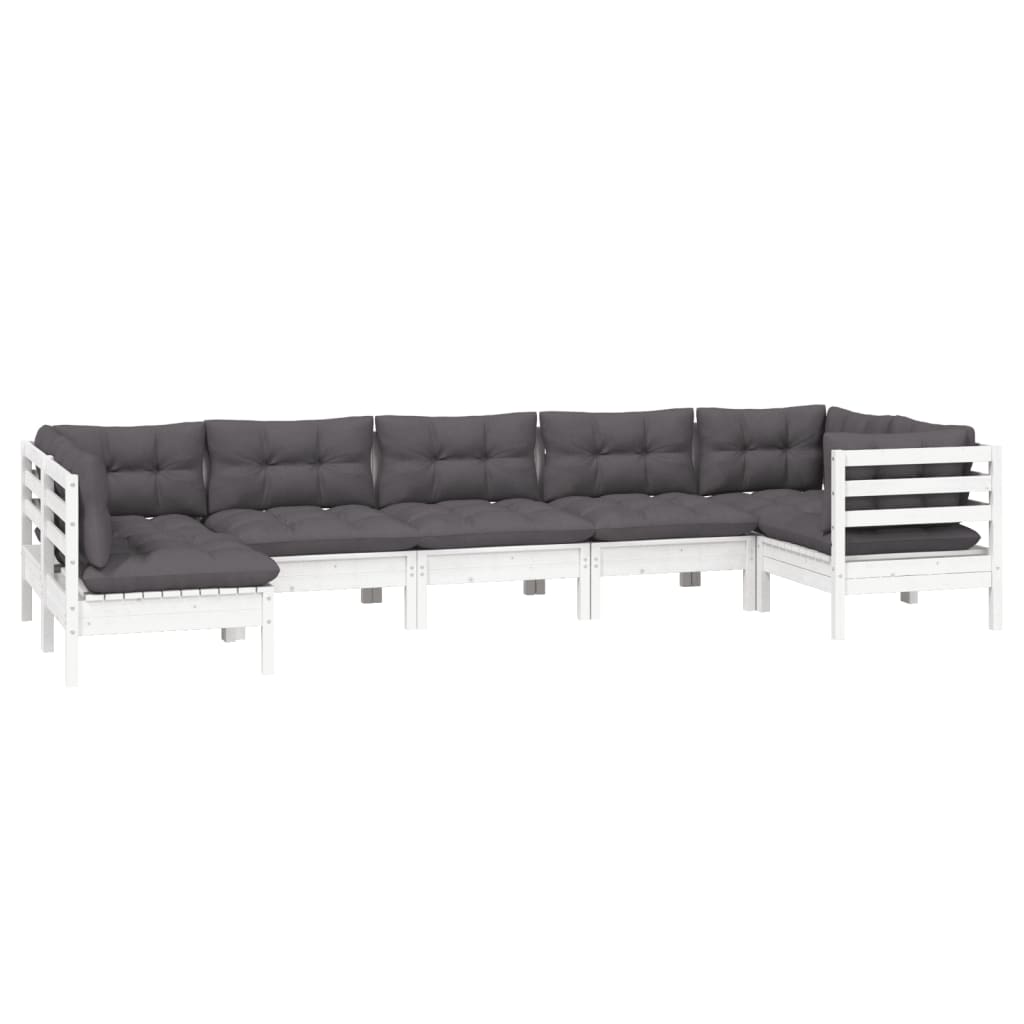 Salon de jardin 7 pcs avec coussins blanc bois de pin