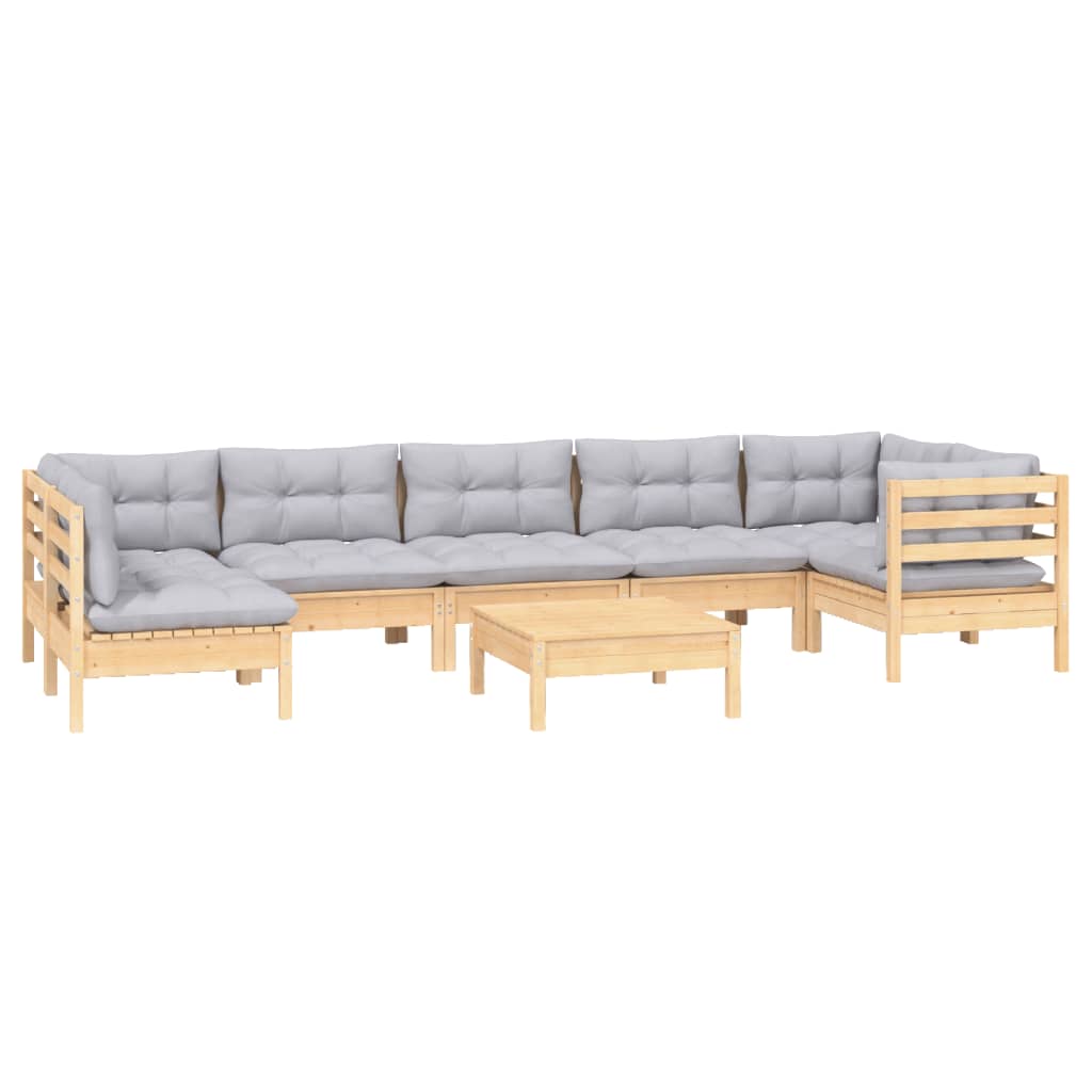 Salon de jardin 8 pcs avec coussins gris Bois de pin