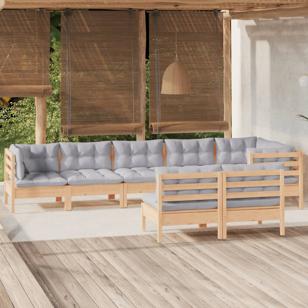 Salon de jardin 8 pcs avec coussins gris Bois de pin massif
