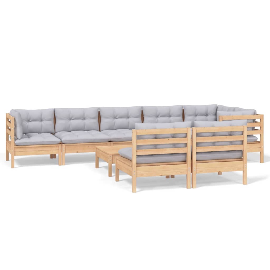 Salon de jardin 9 pcs avec coussins gris bois de pin massif