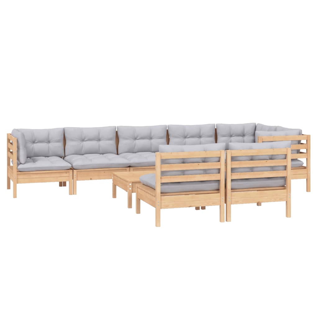 Salon de jardin 9 pcs avec coussins gris bois de pin massif
