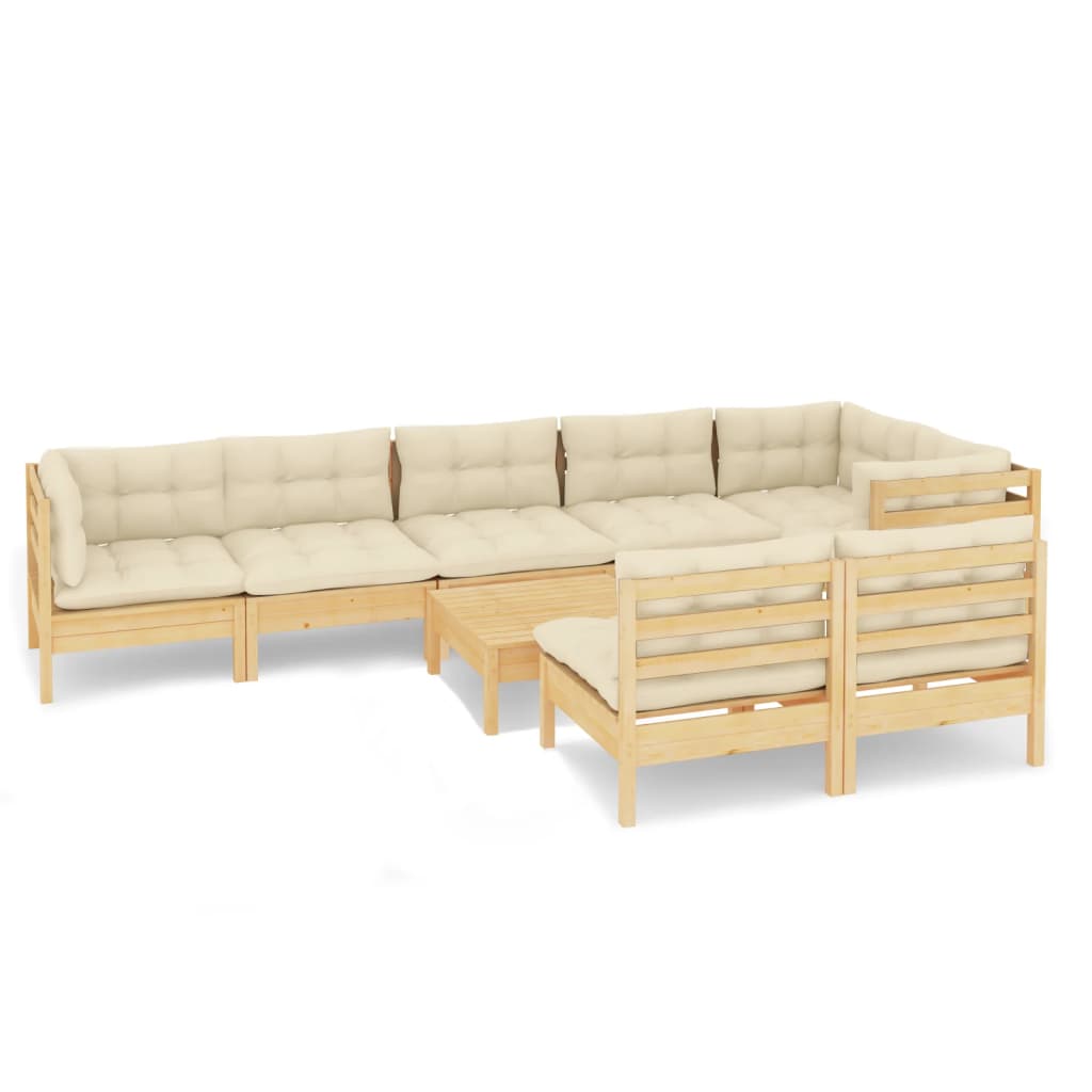 Salon de jardin 9 pcs avec coussins crème bois de pin massif
