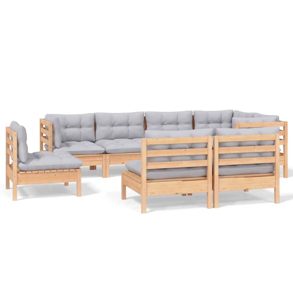 Salon de jardin 8 pcs avec coussins gris Bois de pin massif