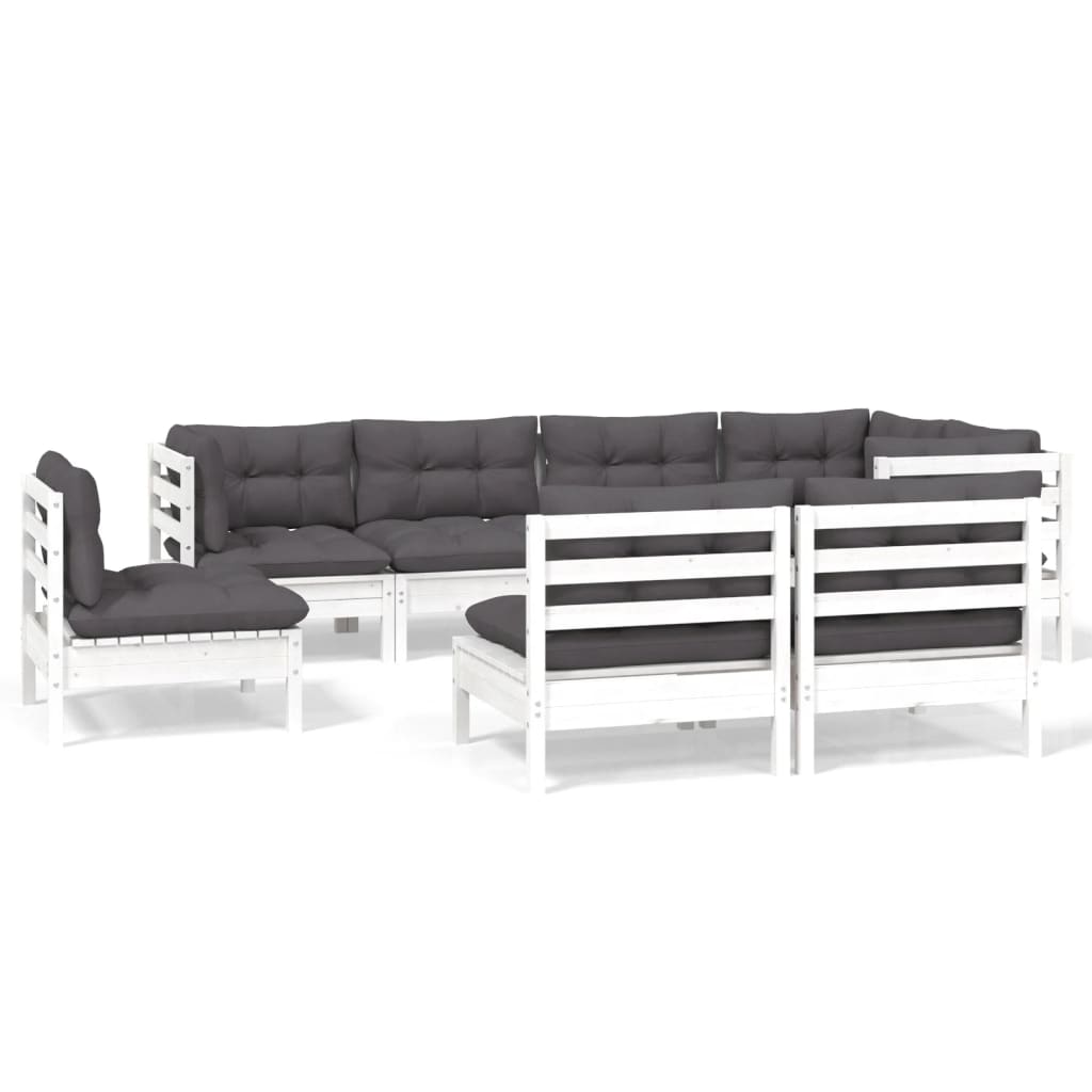 Salon de jardin 8 pcs avec coussins blanc bois de pin massif