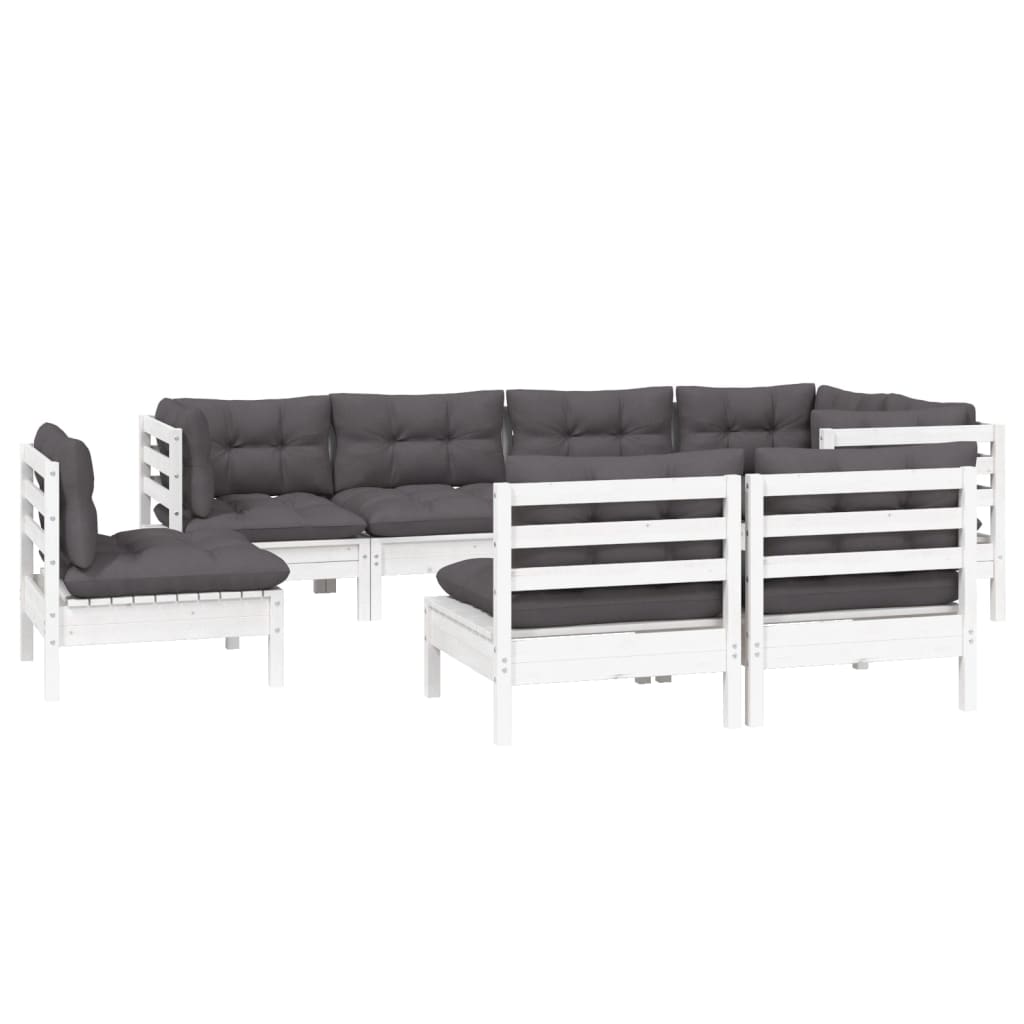 Salon de jardin 8 pcs avec coussins blanc bois de pin massif