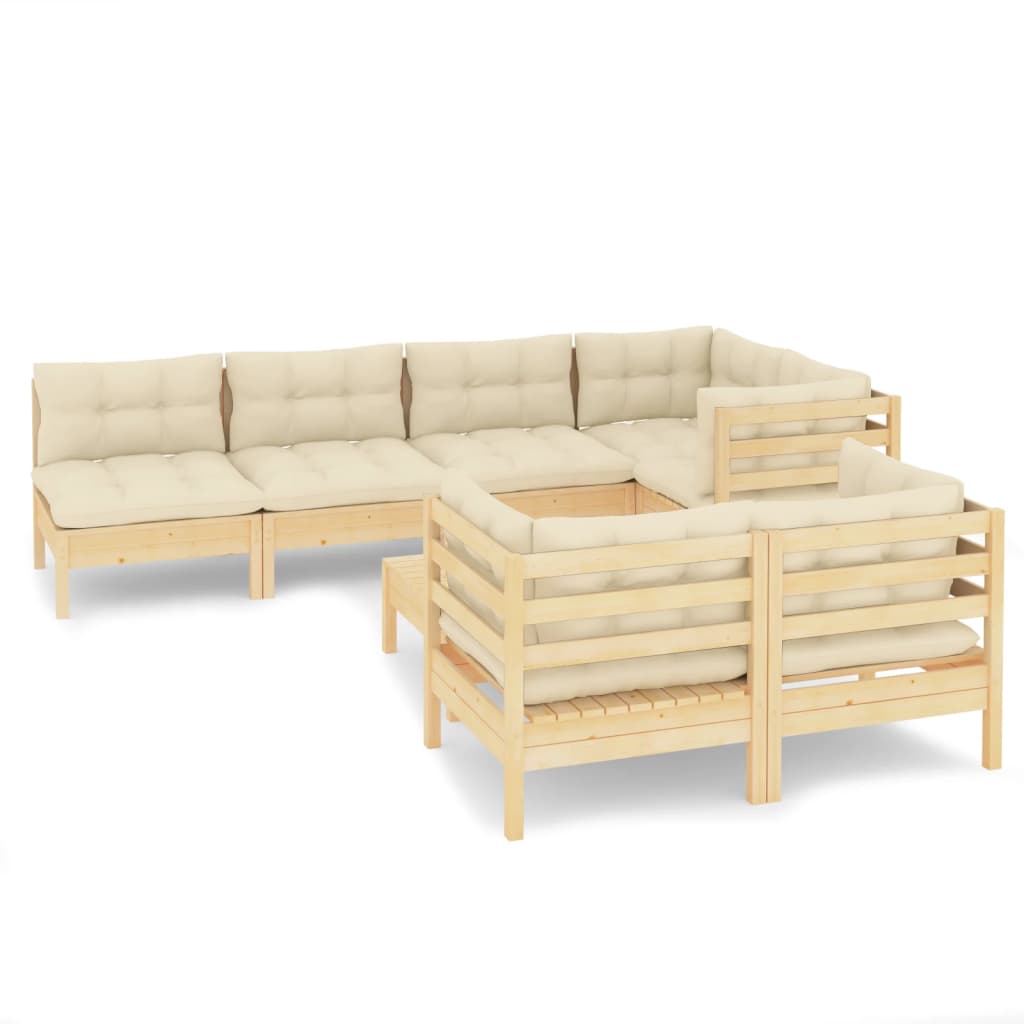 Salon de jardin 8 pcs avec coussins crème Bois de pin massif
