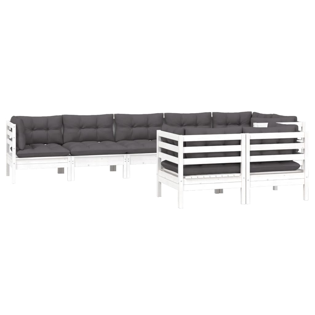 Salon de jardin 8 pcs avec coussins blanc bois de pin massif