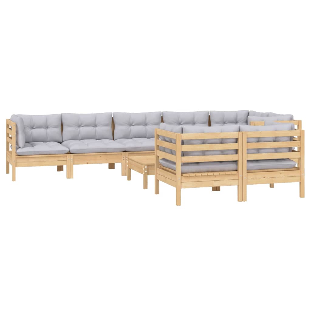 Salon de jardin 9 pcs avec coussins gris bois de pin massif