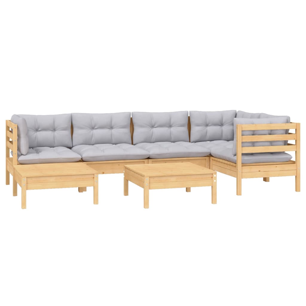 Salon de jardin 7 pcs avec coussins gris bois de pin massif