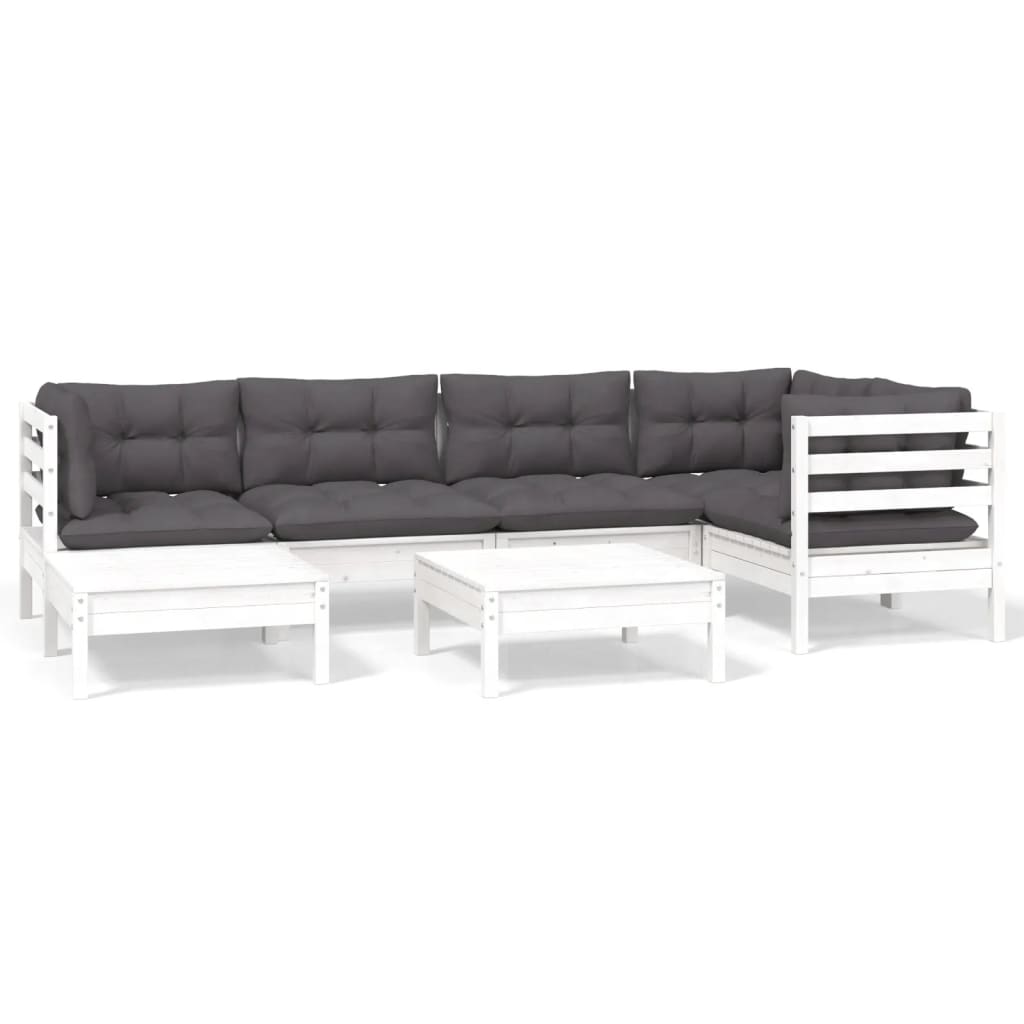 Salon de jardin 7 pcs avec coussins blanc bois de pin massif