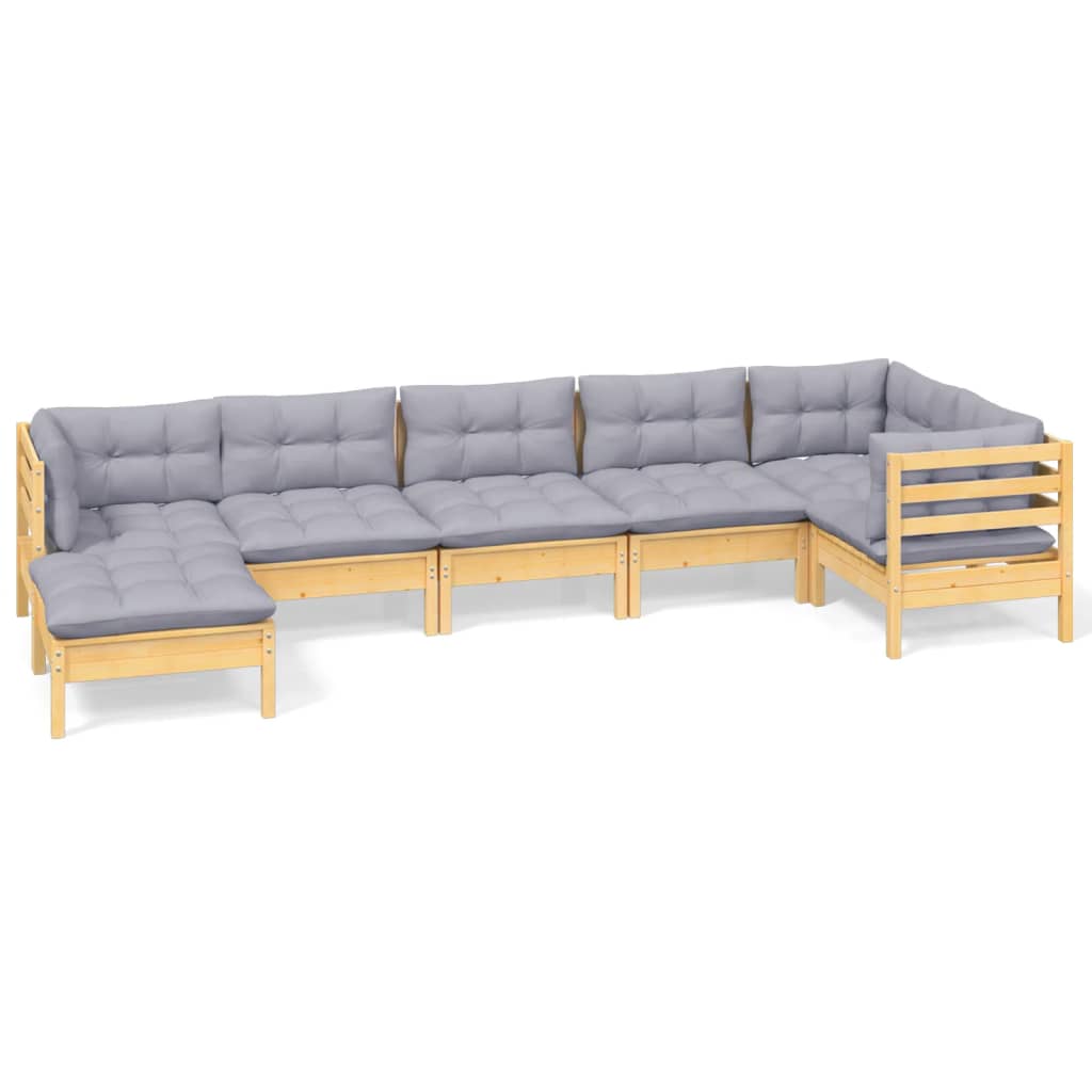 Salon de jardin 7 pcs avec coussins gris bois de pin massif