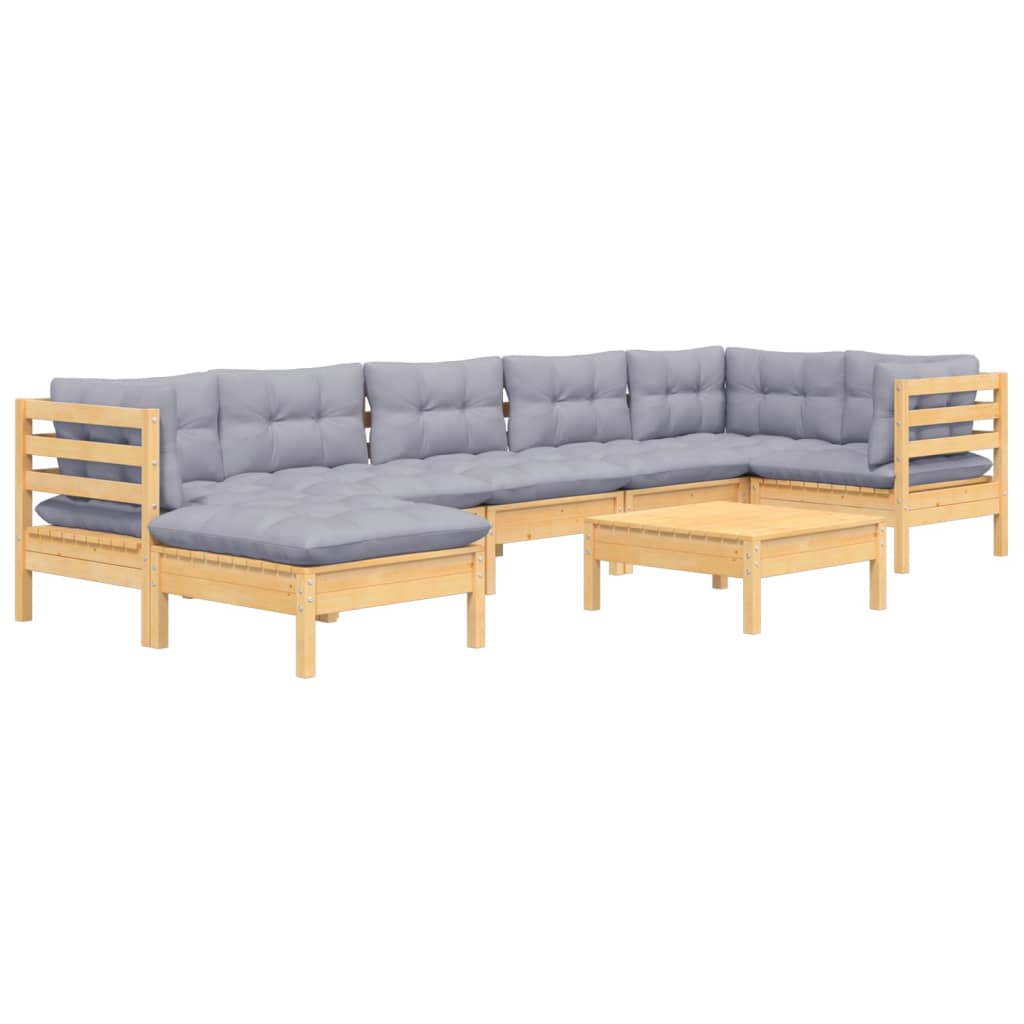 Salon de jardin 8 pcs avec coussins gris Bois de pin massif