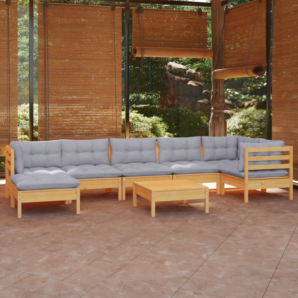 Salon de jardin 8 pcs avec coussins gris Bois de pin massif