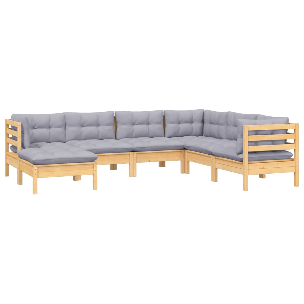 Salon de jardin 7 pcs avec coussins gris bois de pin massif