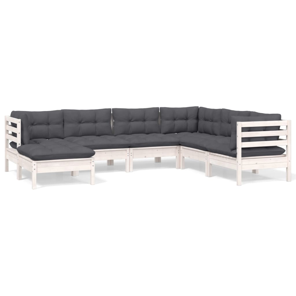 Salon de jardin 7 pcs avec coussins blanc bois de pin massif